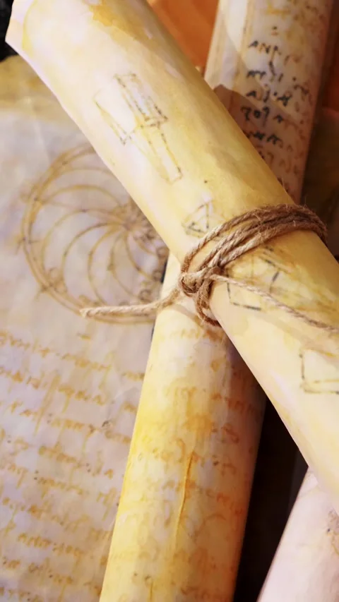 Vertical. Ancient parchment, bound by time. Aged scrolls and candles. Stock Footage 305159926