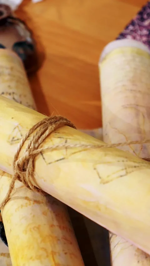 Vertical. Ancient parchment, bound by time. Aged scrolls and candles. Stock Footage 305159932