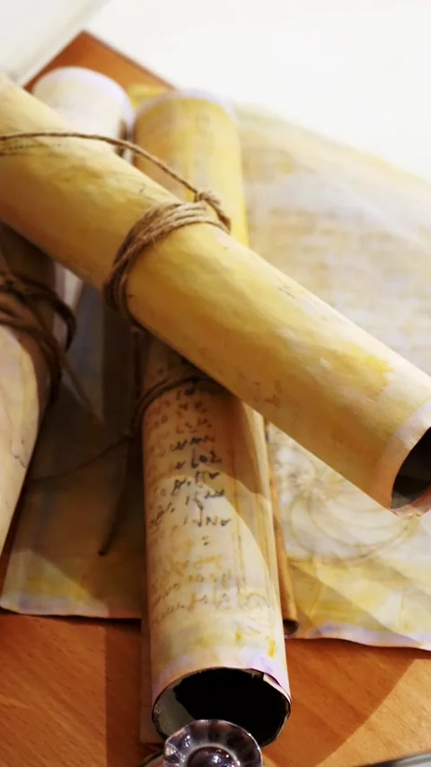 Vertical. Ancient parchment, bound by time. Aged scrolls and candles. Stock Footage 305160088