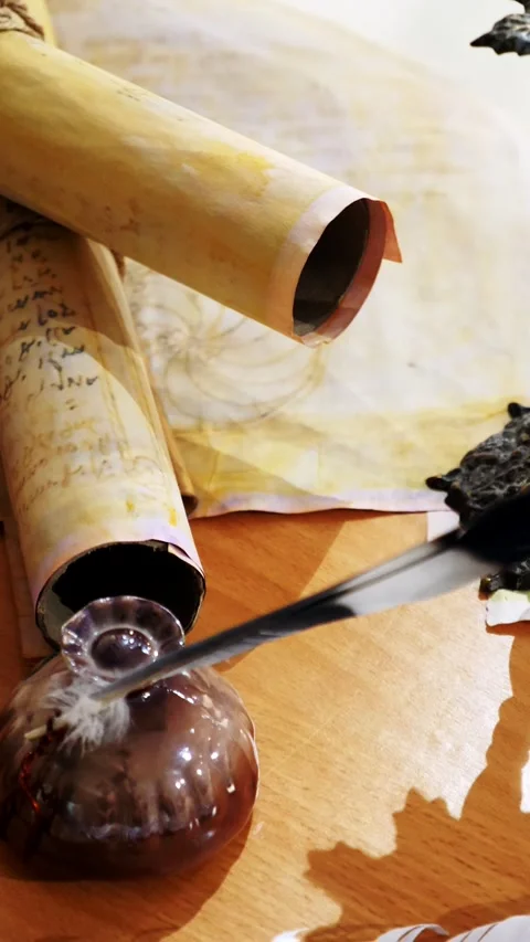 Vertical. Ancient parchment, bound by time. Aged scrolls and candles. Stock Footage 305160122