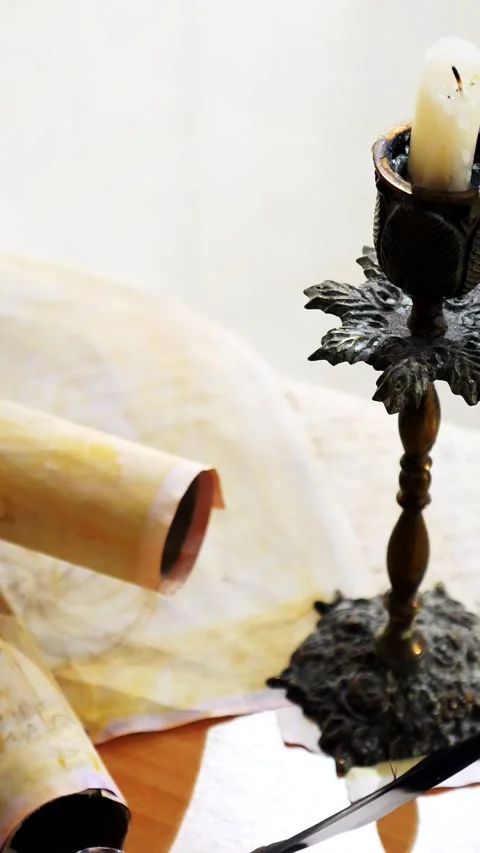 Vertical. Ancient parchment, bound by time. Aged scrolls and candles. Stock Footage 305160188