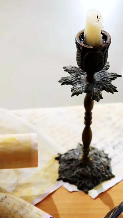 Vertical. Ancient parchment, bound by time. Aged scrolls and candles. Stock Footage 305160221