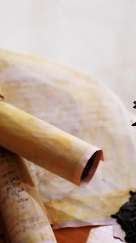 Vertical. Ancient parchment, bound by time. Aged scrolls and candles. Stock Footage 305160258