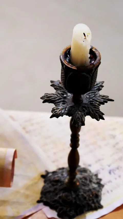Vertical. Ancient parchment, bound by time. Aged scrolls and candles. Stock Footage 305160274