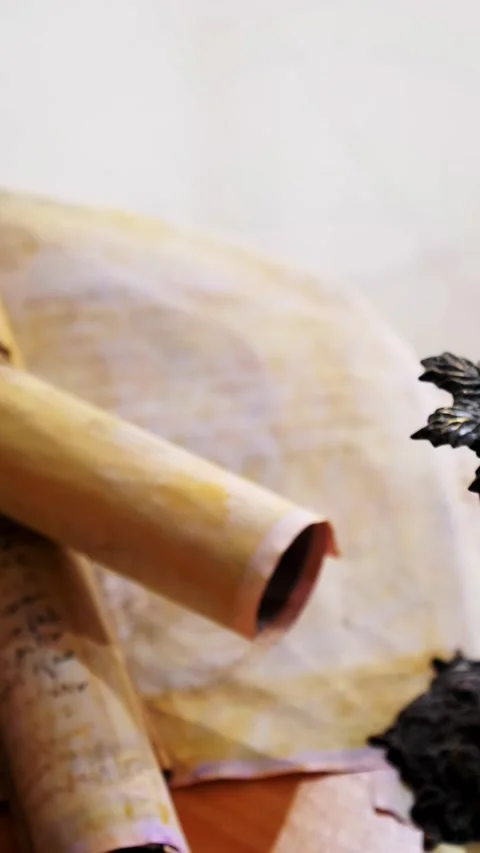 Vertical. Ancient parchment, bound by time. Aged scrolls and candles. Stock Footage 305160307