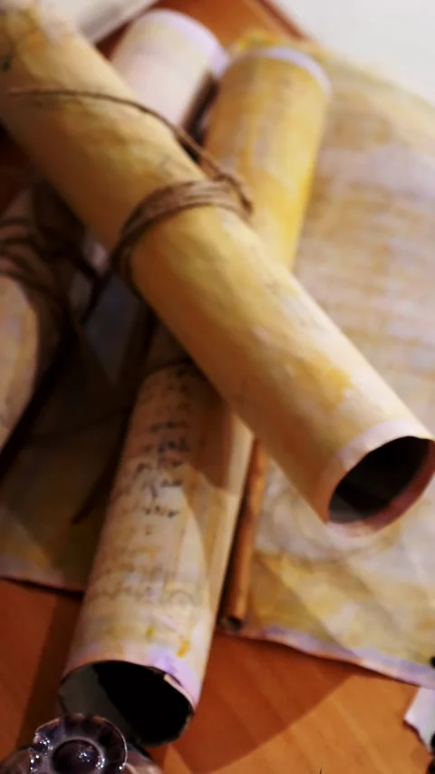 Vertical. Ancient parchment, bound by time. Aged scrolls and candles. Stock Footage 305160332