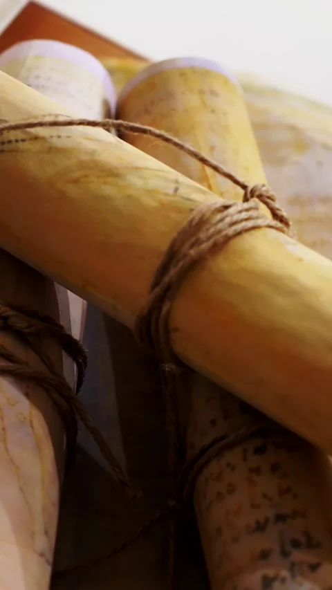 Vertical. Ancient parchment, bound by time. Aged scrolls and candles. Stock Footage 305160670