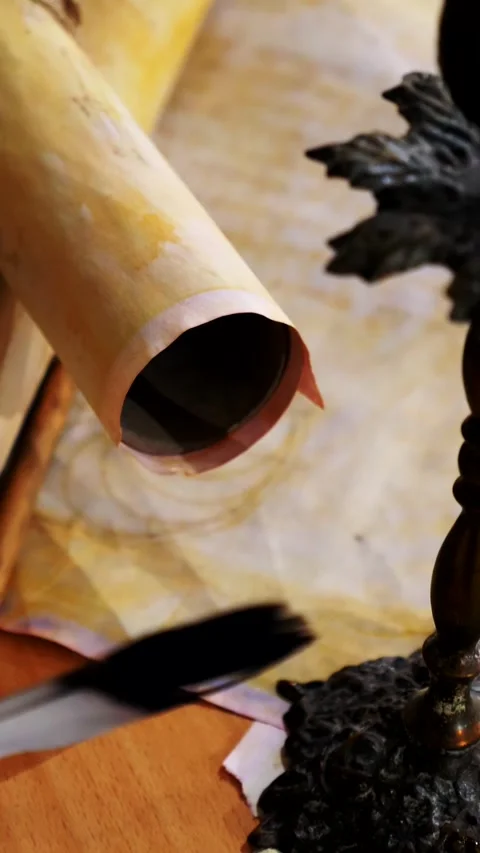 Vertical. Ancient parchment, bound by time. Aged scrolls and candles. Stock Footage 305160692