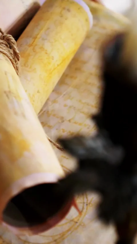 Vertical. Ancient parchment, bound by time. Aged scrolls and candles. Stock Footage 305160759