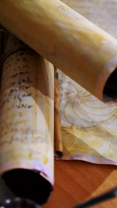 Vertical. Ancient parchment, bound by time. Aged scrolls and candles. Stock Footage 305160827