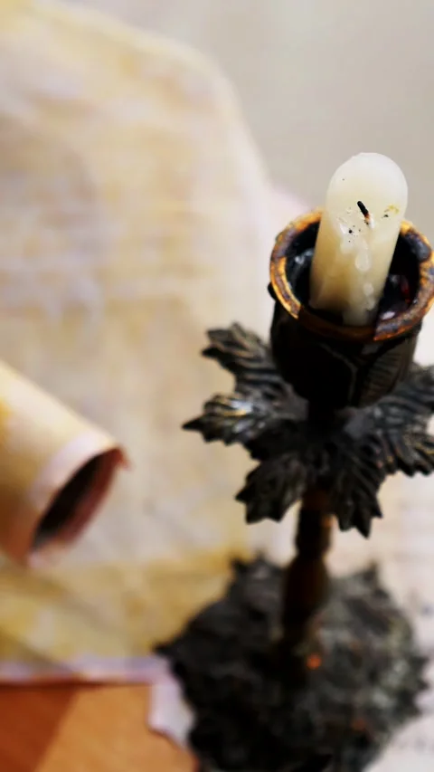 Vertical. Ancient parchment, bound by time. Aged scrolls and candles. Stock Footage 305160831