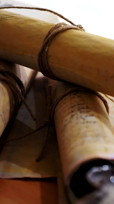 Vertical. Ancient parchment, bound by time. Aged scrolls and candles. Stock Footage 305160908