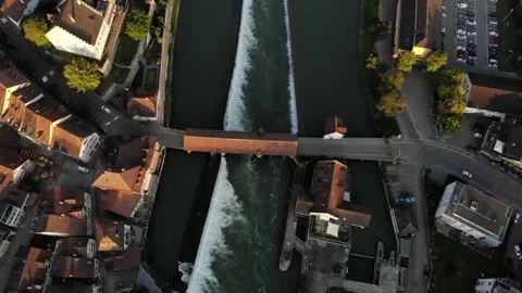 Vertical Angle. Wooden bridge over River and Waterfall. Stock Footage 138435869