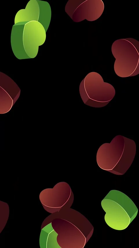 Vertical Animation of 3D Green and Red Hearts Falling on Black Background Stock Footage 345197638