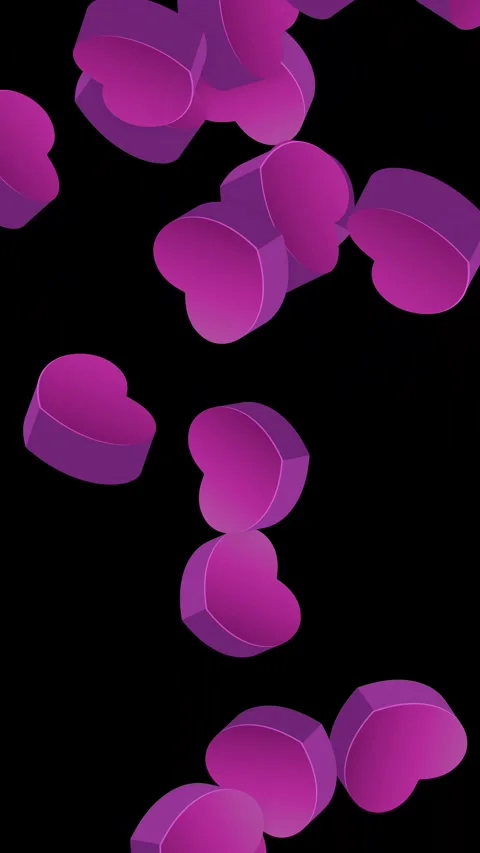 Vertical Animation of 3D Purple Hearts Falling Against Black Background Stock Footage 344833262