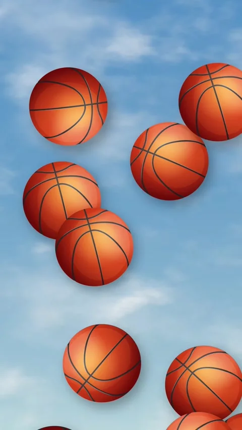 Vertical Animation of Basketballs Falling Through a Blue Sky with Clouds Stock Footage 346207973