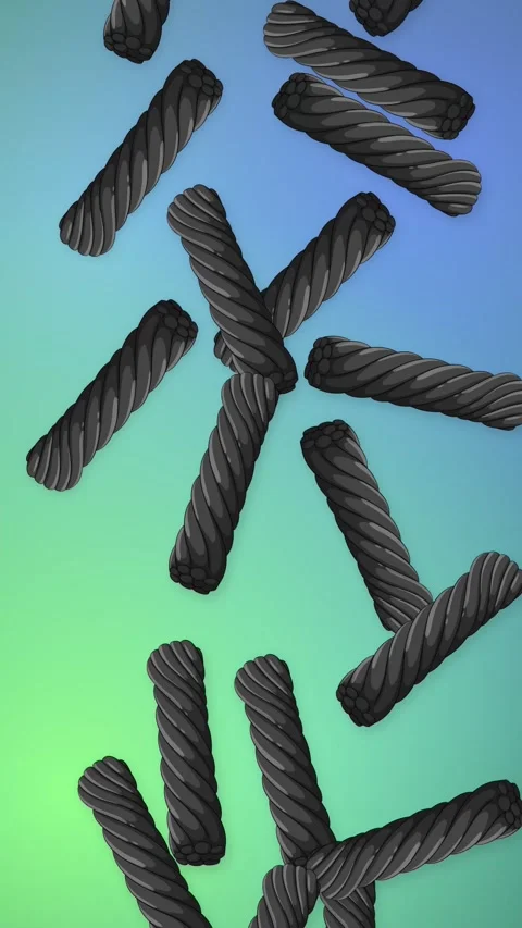 Vertical Animation of Black Licorice Twists Falling Over Gradient Background Stockbeeldmateriaal 344833204