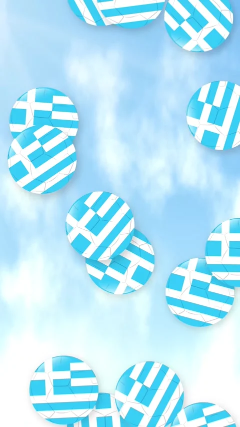 Vertical Animation of Blue and White Striped Soccer Balls Falling Against Sky Stock Footage 342219109