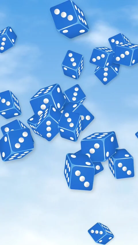 Vertical Animation of Blue Dice Falling Through a Cloudy Sky Stock Footage 345124993