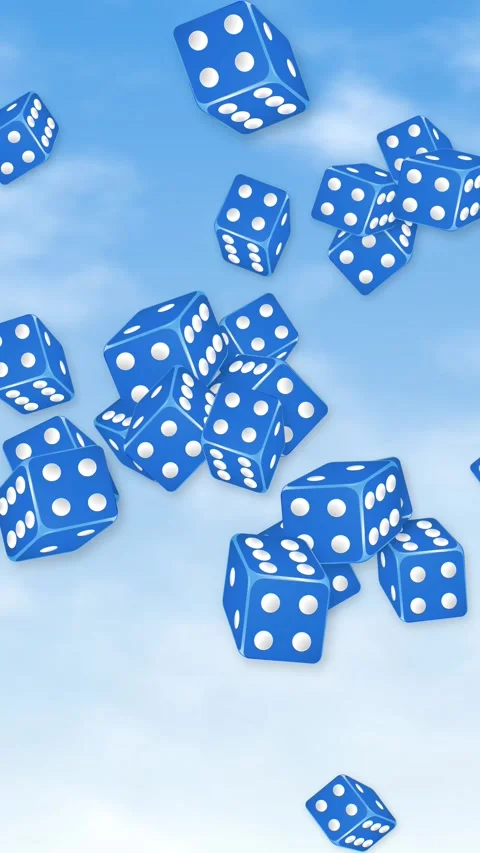 Vertical Animation of Blue Dice Falling Through a Cloudy Blue Sky Stock Footage 345703555