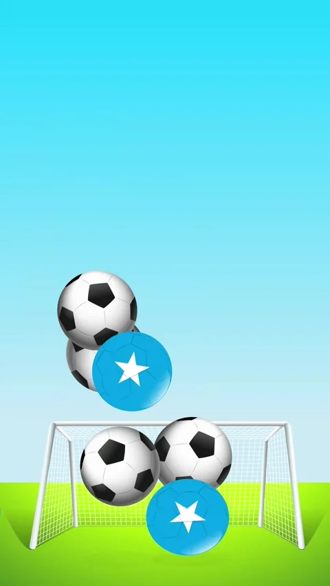 Vertical Animation of Bouncing Soccer Balls and Star Spheres Over Goal 動画素材 345209036