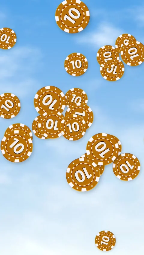Vertical Animation of Brown Poker Chips Falling Against a Blue Sky Stock Footage 343819377