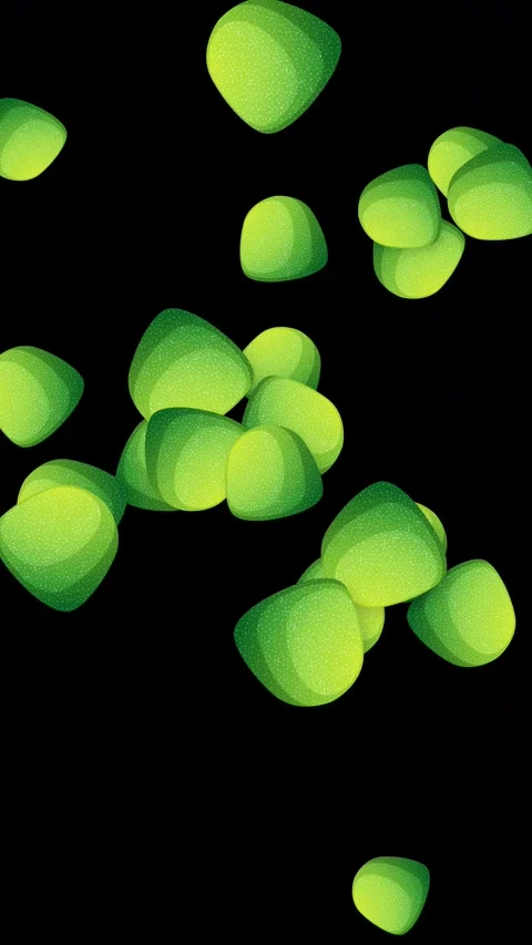 Vertical Animation of Bursting Green Candy Objects on Black Background Stock Footage 346569808