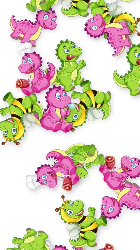 Vertical Animation of Cartoon Dinosaurs and Bees Falling on White Background Stock Footage 344833045
