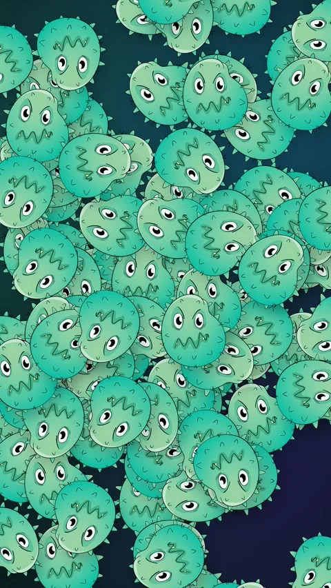 Vertical Animation of Cartoon Germs Falling Against a Dark Mesh Background Stock Footage 345304092