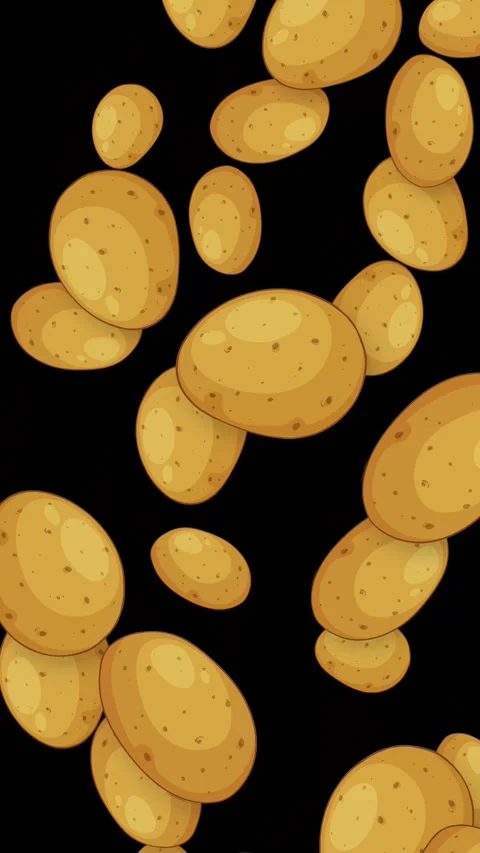Vertical Animation of Cartoon Potatoes Falling Against a Black Background Stock Footage 342314337