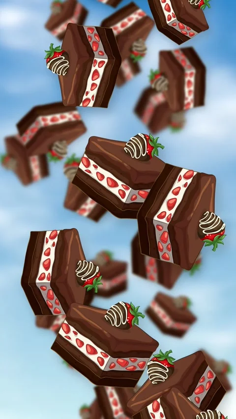Vertical Animation of Chocolate Strawberry Cake Slices Falling Through Blue Sky Stock Footage 342779807