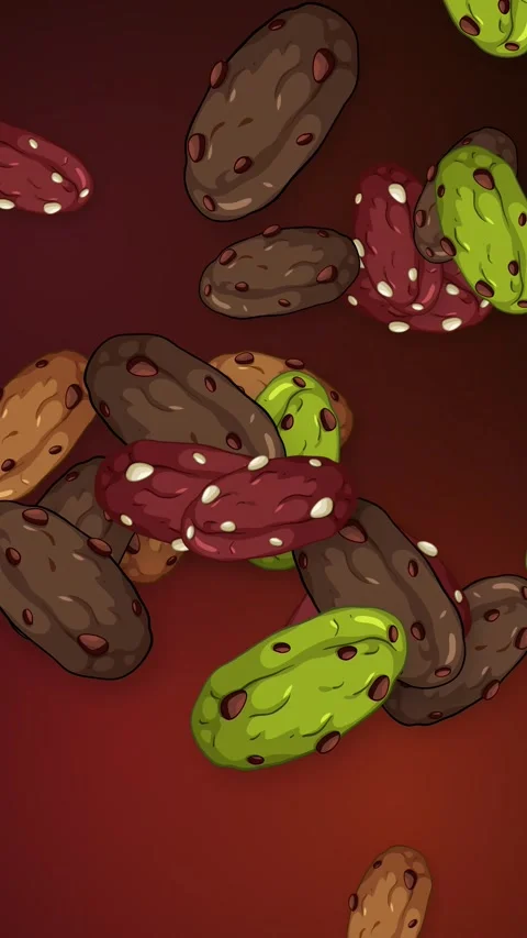 Vertical Animation of Colorful Abstract Objects Falling on Dark Red Background Stock Footage 345703581