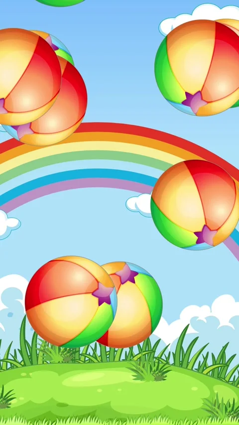 Vertical Animation of Colorful Beach Balls Bouncing on Green Grass Stock Footage 340968137