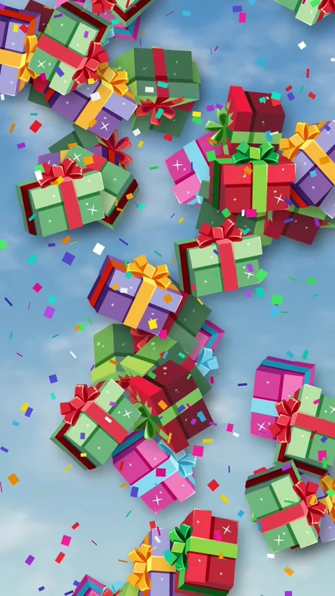 Vertical Animation of Colorful Gift Boxes Falling Against Blue Sky Stock Footage 345803784