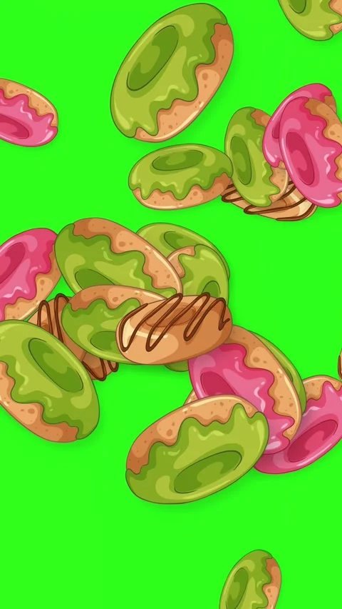Vertical Animation of Colorful Glazed Donuts Falling on Green Screen Stock Footage 344833083