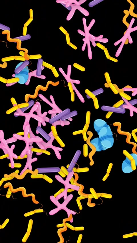 Vertical Animation of Colorful Microorganisms Falling Against a Black Background Stock Footage 343830821