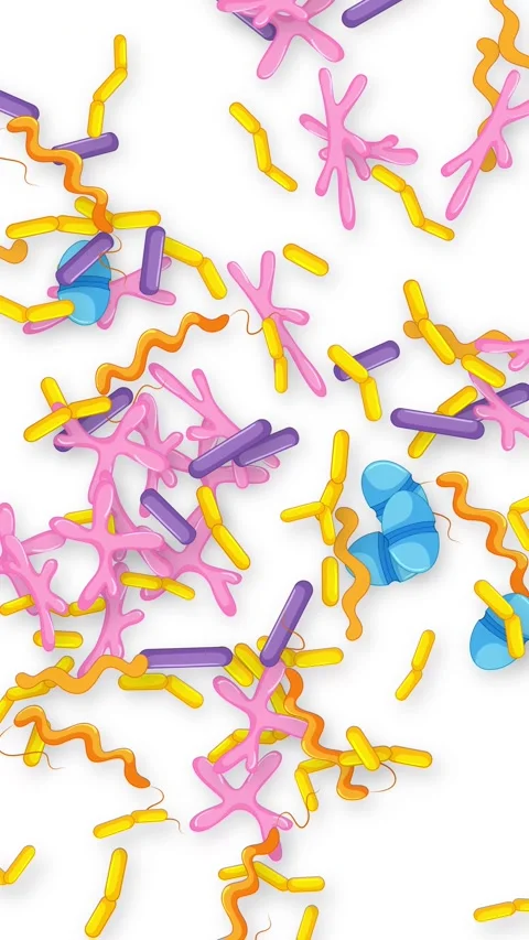 Vertical Animation of Colorful Mixed Microbes Falling on White Background Stock Footage 341642975