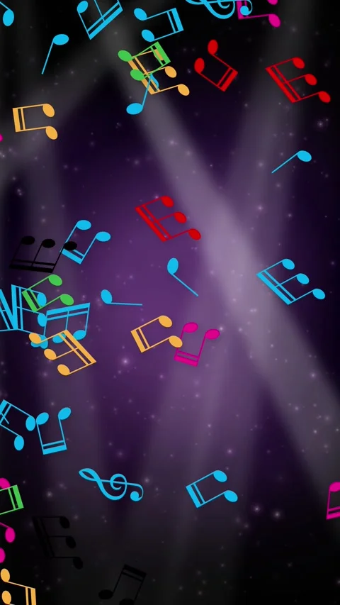 Vertical Animation of Colorful Music Notes Drifting Over Purple Stage Lights Stock Footage 339836452