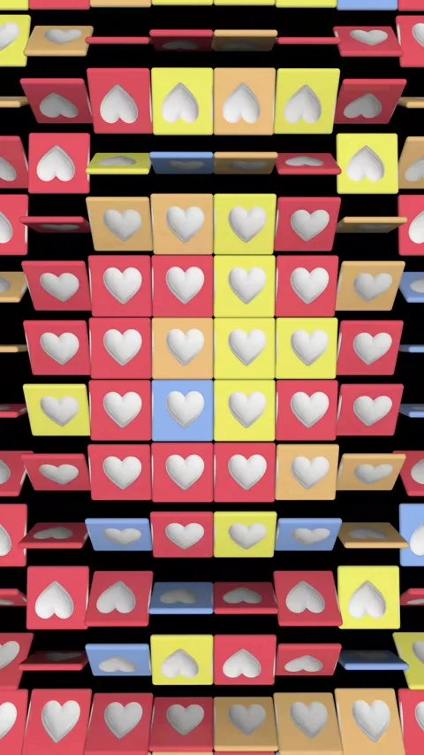 Vertical animation of colorful square tiles with white heart icons rotating Stock Footage 331429088