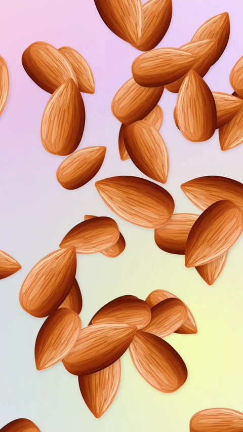 Vertical Animation of Falling Almonds Over a Soft Pastel Gradient Background Stock Footage 348633234
