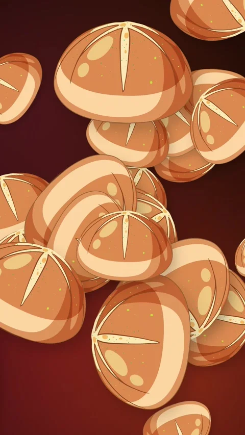 Vertical Animation of Falling Cartoon Bread Rolls on Dark Red Background Stock Footage 344832564