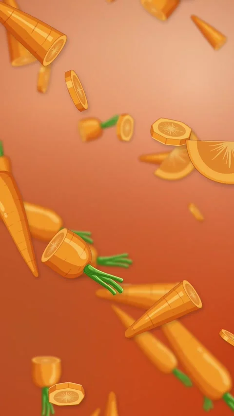 Vertical Animation of Falling Cartoon Carrots and Slices on Orange Background Stock Footage 342211238