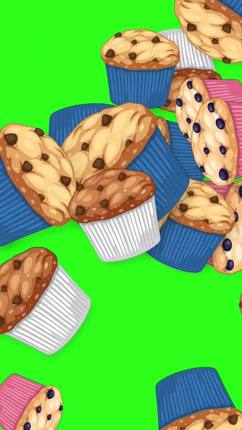Vertical Animation of Falling Chocolate Chip and Blueberry Muffins Stock Footage 344714702