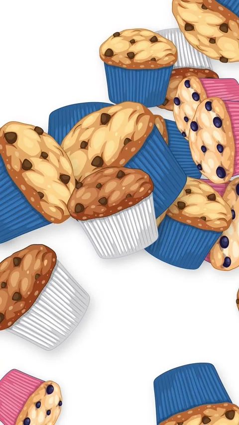 Vertical Animation of Falling Chocolate Chip and Blueberry Muffins Stock Footage 345038149