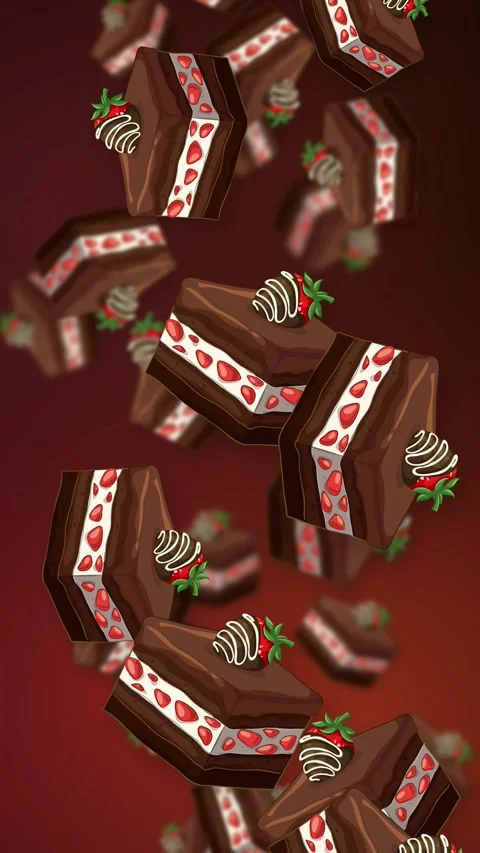 Vertical Animation of Falling Chocolate Strawberry Cake Slices on Red Background Stock Footage 342780225