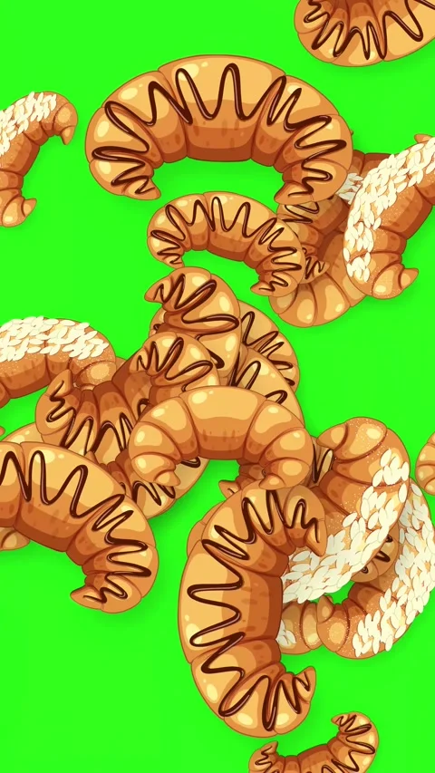 Vertical Animation of Falling Croissants and Pastries on Green Screen Video stock 344616986