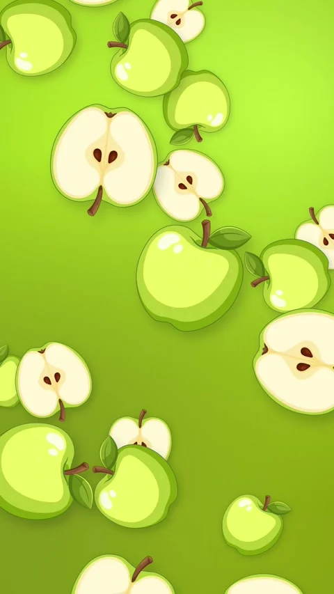 Vertical Animation of Falling Green Apples and Slices on Green Background Stock Footage 344851063