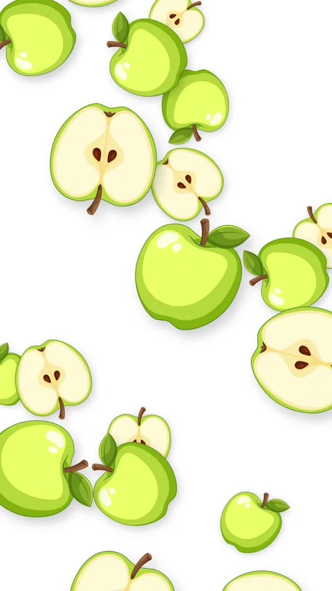 Vertical Animation of Falling Green Apples and Slices on White Background Stock Footage 345294127