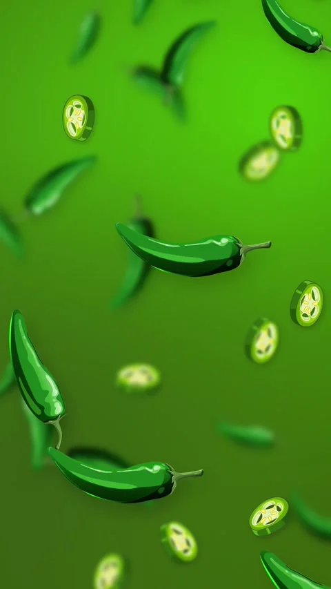 Vertical Animation of Falling Green Chili Peppers and Slices on Green Background Stock Footage 345125212