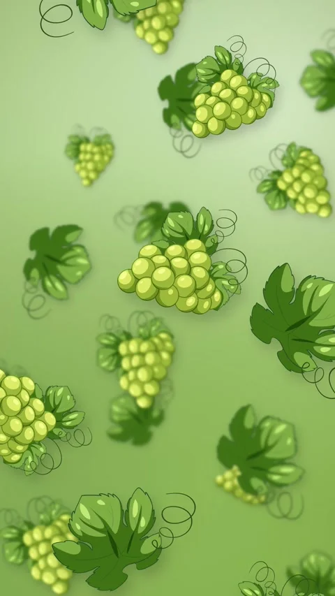 Vertical Animation of Falling Green Grapes and Leaves on Green Background Stock Footage 346115965